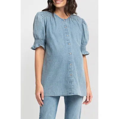 Seraphine Chambray Button-up Maternity Shirt In Blue