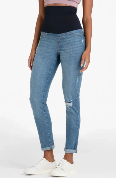 Seraphine Over The Bump Distressed Cuffed Boyfriend Postpartum Jeans In Light Blue