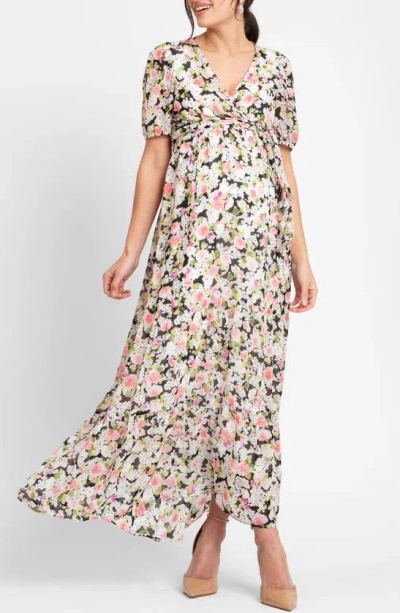 Seraphine Floral Maternity/nursing Maxi Dress In Black Floral Multi