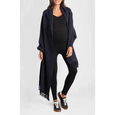 Seraphine Fringe Maternity/nursing Shawl Cardigan In Dark Blue