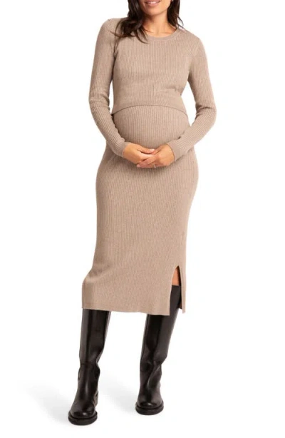 Shop Seraphine Layered Rib Long Sleeve Maternity/nursing Sweater Dress In Taupe