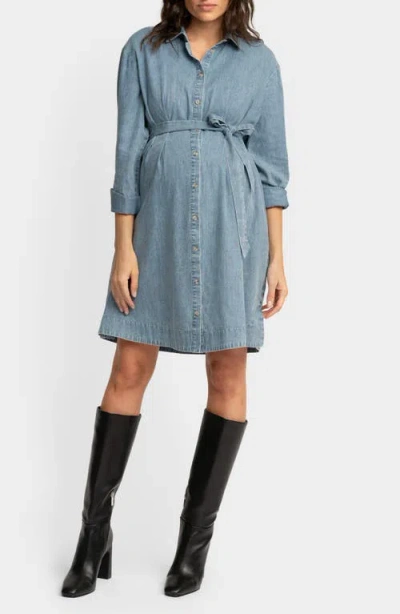 Seraphine Long Sleeve Chambray Maternity Shirtdress In Blue