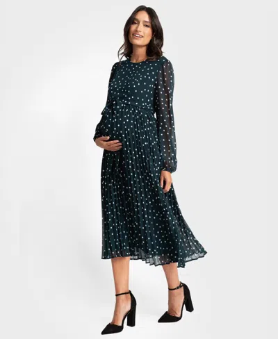 Seraphine Maternity Pleated Spot Dress In Emerald