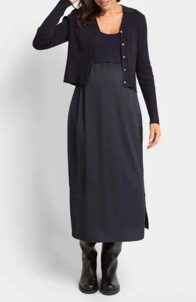Seraphine Mixed Media Dress & Rib Cardigan Maternity/nursing Set In Navy