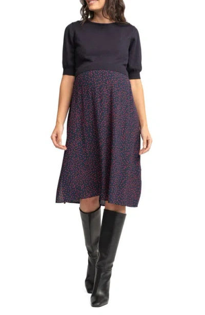 Seraphine Mixed Media Maternity/nursing Dress In Blue Multi