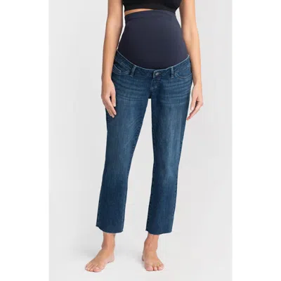 Seraphine Over The Belly Raw Hem Tapered Leg Maternity Jeans In Open Blue