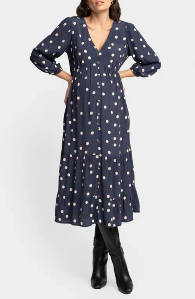 Seraphine Polka Dot Button Front Maternity Midi Dress In Blue