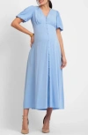 Seraphine Puff Sleeve Button-up Maternity Midi Dress In Blue