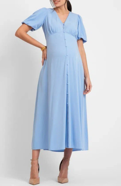 Seraphine Puff Sleeve Button-up Maternity Midi Dress In Blue