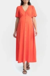 Seraphine Puff Sleeve Button-up Maternity Midi Dress In Orange