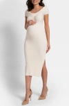 Seraphine Rib Knot Detail Off The Shoulder Midi Maternity Dress In Ecru