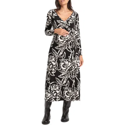 Seraphine Ruched Long Sleeve Maternity Faux Wrap Dress In Black And Ecru