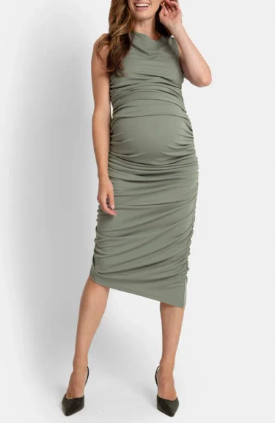 Seraphine Ruched Stretch Maternity Body-con Dress In Green