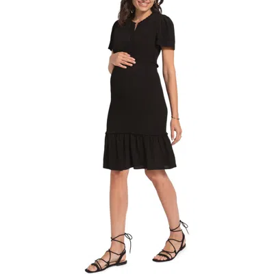 Seraphine Smocked Flutter Sleeve Maternity Dress In Black