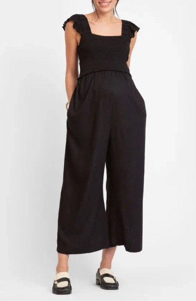 Seraphine Smocked Wide Leg Maternity/nursing Jumpsuit In Black