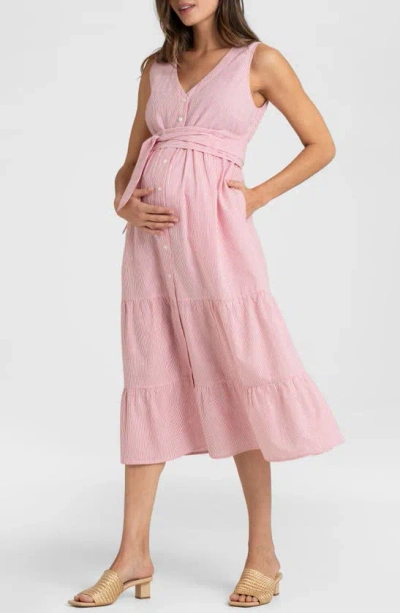 Seraphine Stripe Cotton Maternity/nursing Midi Sundress In Red/ White