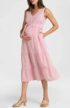 Seraphine Stripe Cotton Maternity/nursing Midi Sundress In Red/white