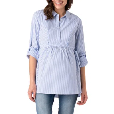 Seraphine Stripe Tie Belt Long Sleeve Maternity Shirtdress In Dark Blue