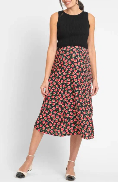 Seraphine Two-piece Maternity/nursing Rib Sweater Tank & Floral Midi Dress In Floral Print