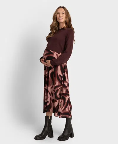 Seraphine Women's Abstract Midi Maternity Dress With Removable Knit Jumper Nursing Access In Brown