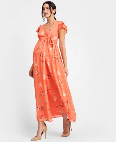 Seraphine Flutter Sleeve Faux Wrap Maternity Dress In Coral Print