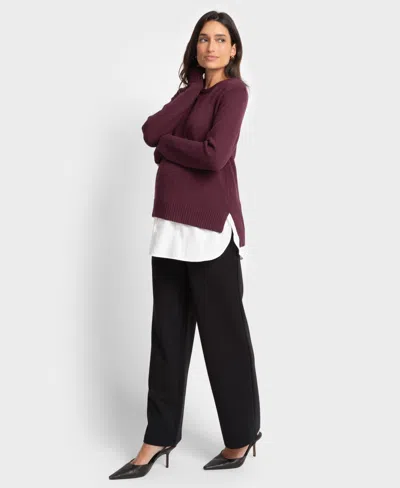 Seraphine Women's Knit Sweater With Woven Shirt In Plum