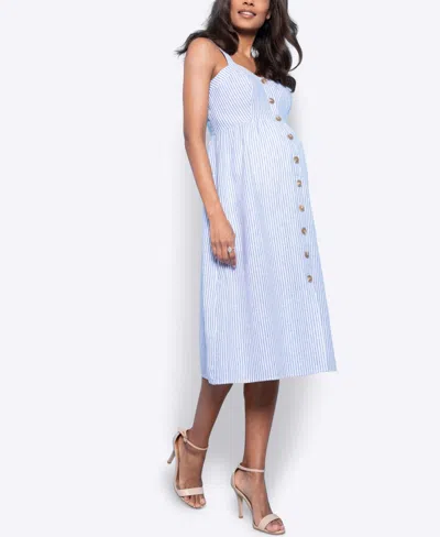 Seraphine Button Front Maternity/nursing Midi Sundress In Blue Stripe