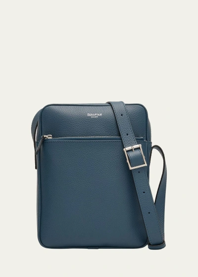 Serapian Men's Cachemire Leather Crossbody Bag In Denim Blue