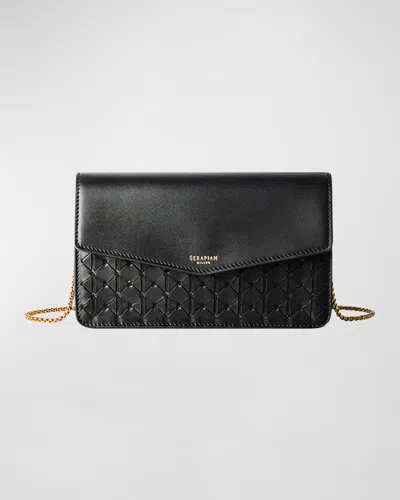 Serapian Mosaic Flap Leather Pochette Wallet On Chain In Black