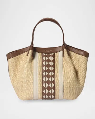 Serapian Secret Mini Mosaic Raffia & Leather Top-handle Bag In Natural Tan