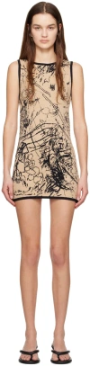 Serapis Beige & Black Jacquard Minidress In Sand Beige/charcoal