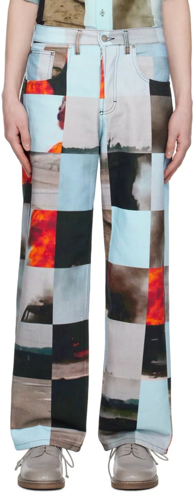 Serapis Blue Printed Jeans In Explosion Grid Print
