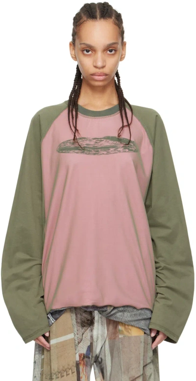Serapis Ssense Exclusive Khaki & Pink Reversible Long Sleeve T-shirt In Chaki/pink