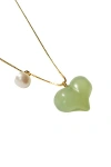 Seree Women's Puffed Heart Green Jade & Pearl Pendant Necklace In Light Green