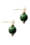 Seree Women's Green / White Robyn Pearl Jade Stone Drop Earrings In Bright Green