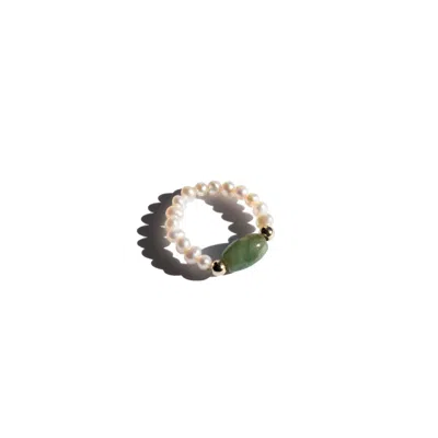 Seree Women's Green / White Isa Jade And Beaded Pearl Stretch Ring In Gold