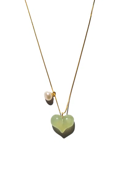 Seree Women's Puffed Heart Green Jade & Pearl Pendant Necklace