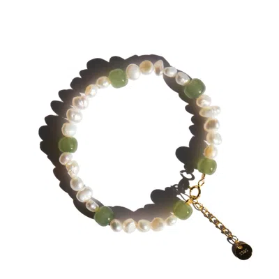 Seree Women's White / Gold / Green Isabelle Pearl And Green Jade Bracelet In Multi