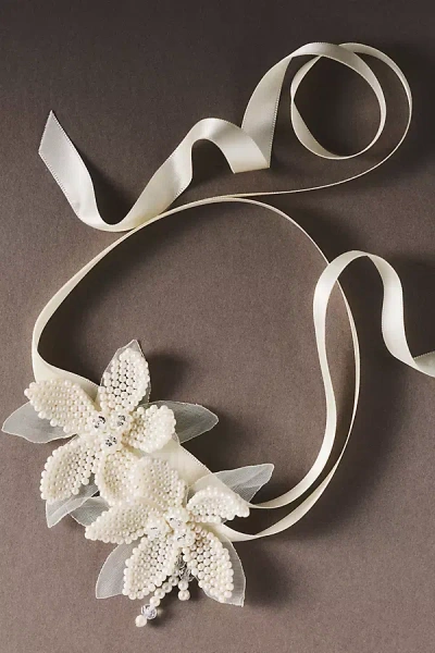 Serefina Pearled Orchid Ribbon Wrap Choker In White