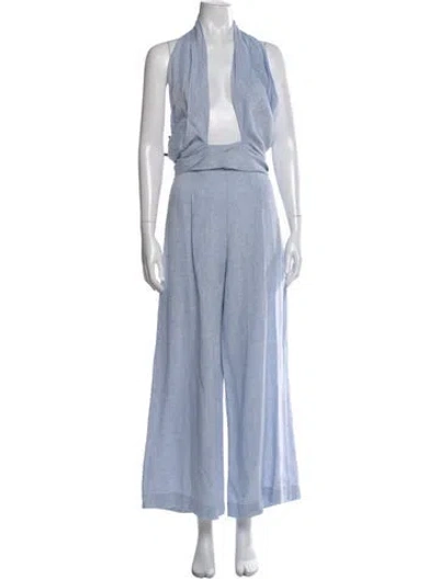 Pre-owned Seren Linen Halterneck Jumpsuit In Blue
