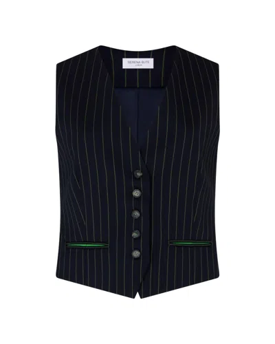 Serena Bute Wool Pinstripe Waistcoat - Navy/green In Blue