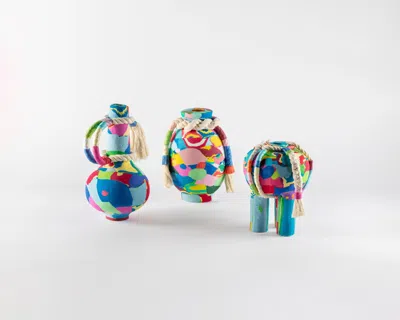 Pre-owned Serena Confalonieri Jambo Set Of Three Artisanal Vases In Colorful Salvaged Rubber In Sand