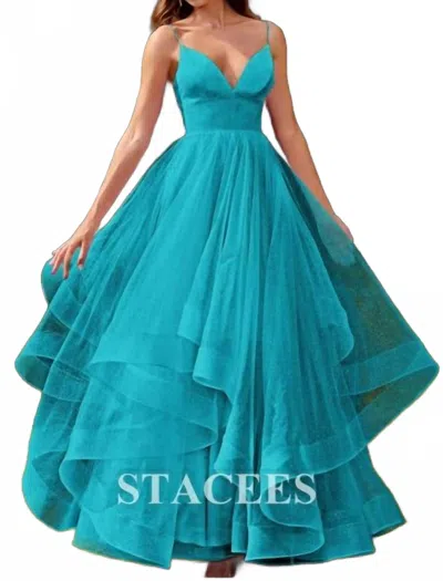 Serendipity Princess Tulle V Neck Prom Dress In Jade In Blue