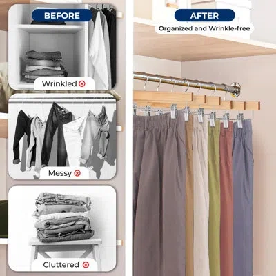 Serenelife 10 Pcs. Premium Wooden Pants Hangers - Heavy Duty Hanger Set With Chrome 360° Swivel Hook And Adjust In Light Brown