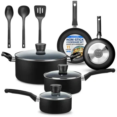 Serenelife 11 Piece Aluminum Non Stick Cookware Set In Black