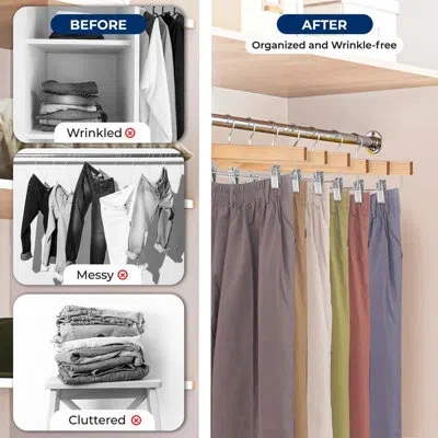 Serenelife 20 Pcs. Premium Wooden Pants Hangers - Heavy Duty Hanger Set With Chrome 360° Swivel Hook And Adjust In Light Brown