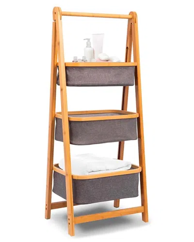 Serenelife 3 Tier Bamboo Shelf With Storage Hamper In Gray