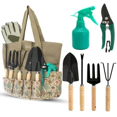 Serenelife 8-piece Garden Tool Set With Bag, Stainless Steel Tools, Wooden Handles And Soft Poly-cotton Gloves  In Green