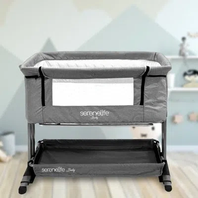 Serenelife Bedside Crib With Bedding And Stand In Steel