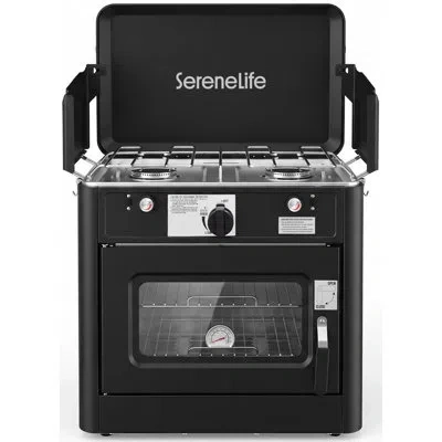 Serenelife Camping Oven 3 In 1 Stove Oven Combo, Outdoor Camp Oven With 2 Burner Cooking, Piezo Ignition And Te In Black
